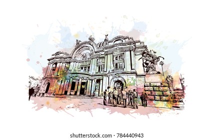 Narrado de color de agua con boceto del Palacio de Bellas Artes, Ciudad de México en vector.