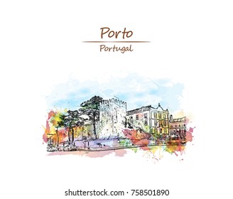 Watercolor splash with sketch of Porto Cathedral is a Roman Catholic church, Portugal in vector illustration.
