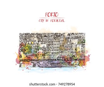 Watercolor splash with sketch of Porto, Portugal. Vector illustration.