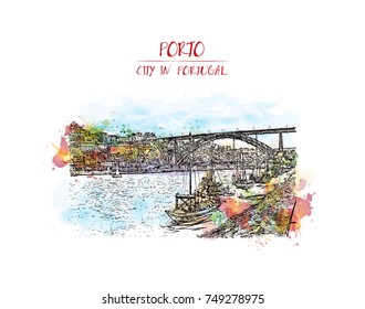 Watercolor splash with sketch of Porto, Portugal Douro river the and the Porto Bridge. Vector illustration.