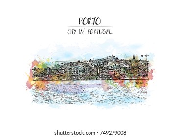 Watercolor splash with sketch of Porto, Portugal old town on the Douro River. Vector illustration.