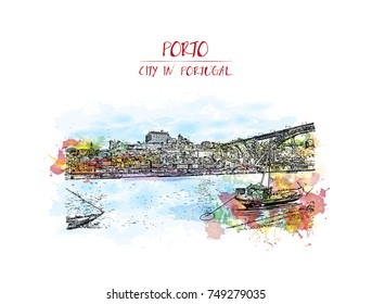 Watercolor splash with sketch of Porto, Portugal old town on the Douro River. Vector illustration.