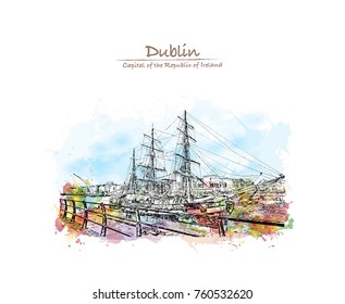 Watercolor splash with sketch of The River Liffey is a river in Ireland, which flows through the center of Dublin. The Jeanie Johnson sailship Dublin, Ireland in vector illustration.