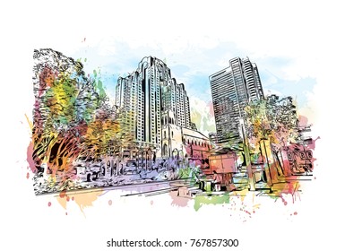 Watercolor splash with sketch of San Francisco, USA in vector illustration.