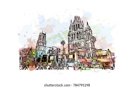 Watercolor splash with sketch of San Miguel de Allende City in Mexico in vector.