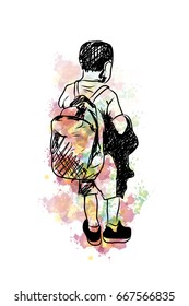 Watercolor splash with sketch of school boy in vector.
