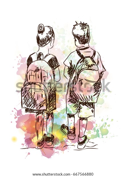 Watercolor Splash Sketch School Boy Girl Stock Vector