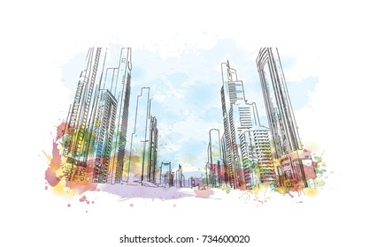 Watercolor splash with sketch of Sheikh Zayed Road Dubai UAE in vector illustration.