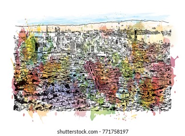 Watercolor splash with sketch of skyline San Francisco, California, USA in vector illustration.