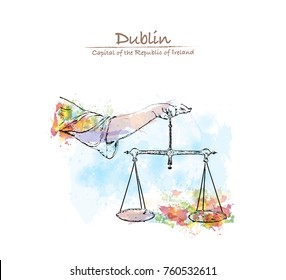 Watercolor splash with sketch of Statue of Lady Justice at Dublin Castle in Dublin, Ireland in vector illustration.
