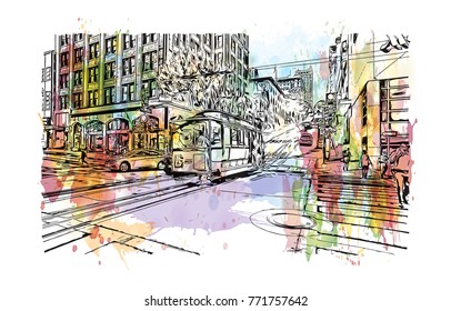 Watercolor splash with sketch of street San Francisco, California, USA in vector illustration.