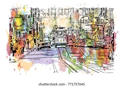 Watercolor splash with sketch of street San Francisco, California, USA in vector illustration.