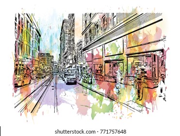 Watercolor splash with sketch of street San Francisco, California, USA in vector illustration.