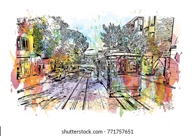 Watercolor splash with sketch of street San Francisco, California, USA in vector illustration.