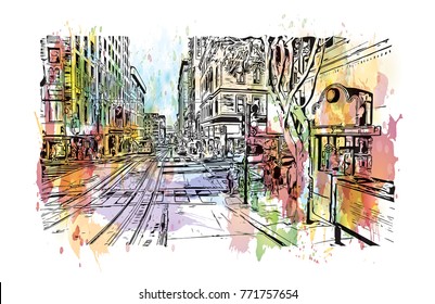 Watercolor splash with sketch of street San Francisco, California, USA in vector illustration.