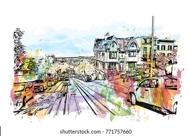 Watercolor splash with sketch of street San Francisco, California, USA in vector illustration.