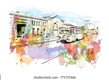 Watercolor splash with sketch of street San Francisco, California, USA in vector illustration.