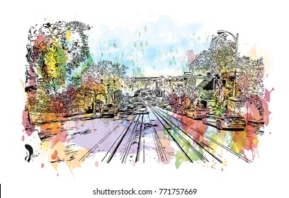 Watercolor splash with sketch of street San Francisco, California, USA in vector illustration.