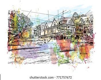 Watercolor splash with sketch of street San Francisco, California, USA in vector illustration.