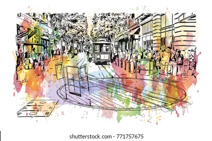 Watercolor splash with sketch of street San Francisco, California, USA in vector illustration.