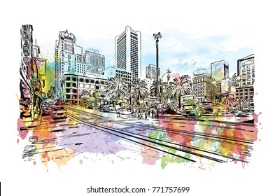 Watercolor splash with sketch of street San Francisco, California, USA in vector illustration.