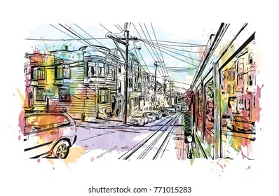 Watercolor splash with sketch of Street view San Francisco, California, USA in vector illustration.