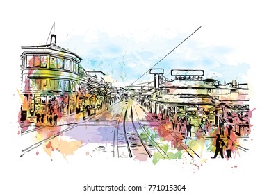 Watercolor splash with sketch of Street view San Francisco, California, USA in vector illustration.