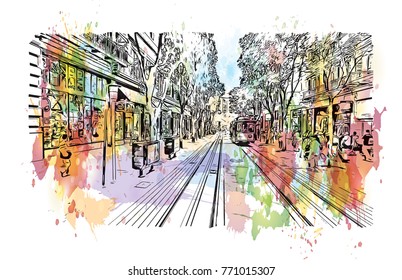 Watercolor splash with sketch of Street view San Francisco, California, USA in vector illustration.