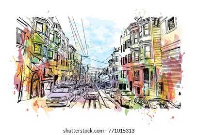 Watercolor splash with sketch of Street view San Francisco, California, USA in vector illustration.