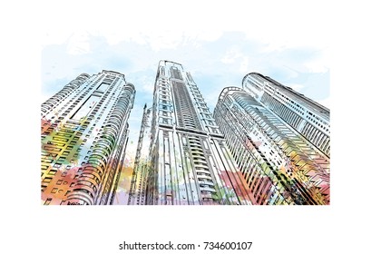 Watercolor splash with sketch of Tall Buildings Dubai UAE in vector illustration.