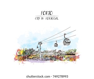 Watercolor splash with sketch of Teleferico de Gaia is a cable transport, for the purposes of tourism, Porto, Portugal. Vector illustration. 