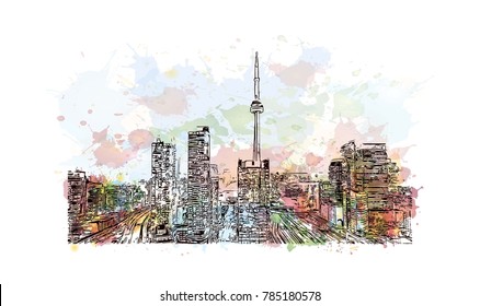 Watercolor splash with sketch of Toronto City Skyline, Canada in vector illustration.