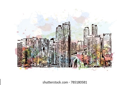 Watercolor splash with sketch of Toronto City Skyline, Canada in vector illustration.