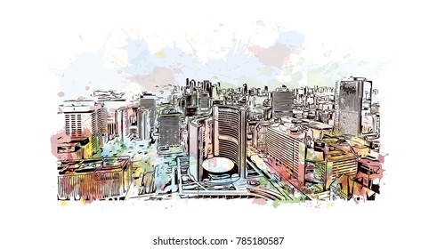 Watercolor splash with sketch of Toronto City Skyline, Canada in vector illustration.