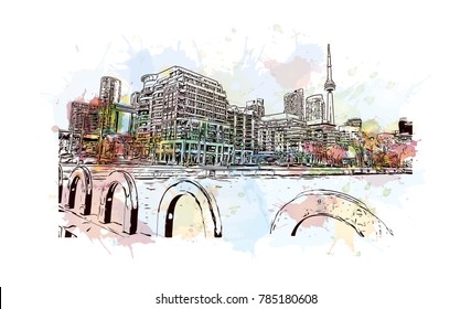 Watercolor splash with sketch of Toronto City Skyline, Canada in vector illustration.