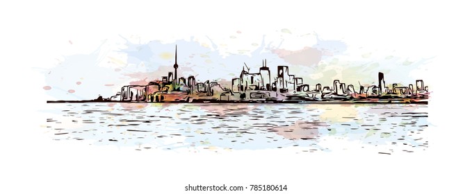 Watercolor splash with sketch of Toronto City Skyline, Canada in vector illustration.