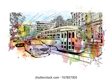 Watercolor splash with sketch of Trolley Car moves through the street in San Francisco, USA in vector illustration.