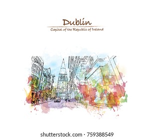 Watercolor splash with sketch of view of Grafton Street in Dublin Ireland in vector illustration.