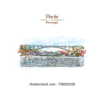 Watercolor splash with sketch of view of the historic city of Porto, Portugal with the Dom Luiz bridge in vector illustration.