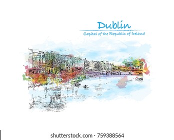 Watercolor splash with sketch of View of Mellows Bridge in Dublin - Ireland in vector illustration.