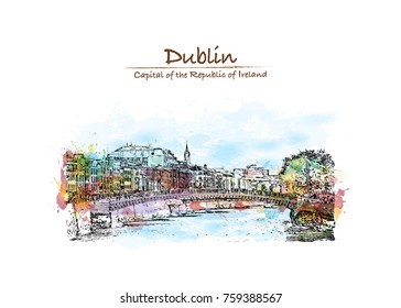 Watercolor splash with sketch of View of Mellows Bridge in Dublin - Ireland in vector illustration.