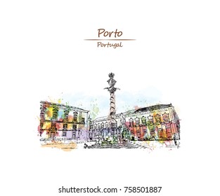 Watercolor splash with sketch of View on the square with Se cathedral and Pillar column Porto city, Portugal  in vector illustration.