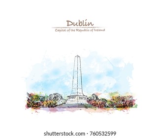 Watercolor splash with sketch of The Wellington Monument, or more correctly the Wellington Testimonial, is an obelisk located in the Phoenix Park, Dublin, Ireland in vector illustration.