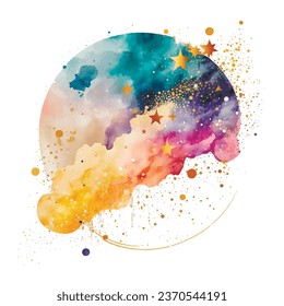 Watercolor splash sky clouds stars blot splatter stain. Round pattern. Gold glitters. Colorful watercolor brush stroke, circle. Textured hand drawn vector illustration.  Isolated design on white.