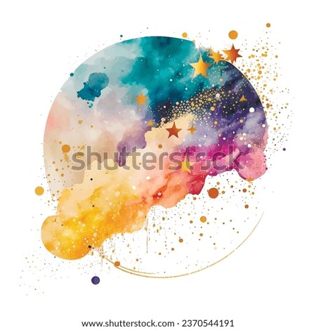 Watercolor splash sky clouds stars blot splatter stain. Round pattern. Gold glitters. Colorful watercolor brush stroke, circle. Textured hand drawn vector illustration.  Isolated design on white.