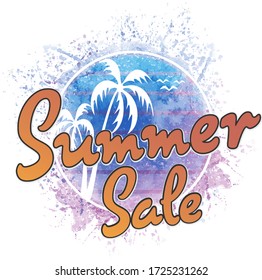 watercolor splash stamp with palm trees and the text summer sales written inside the stamp