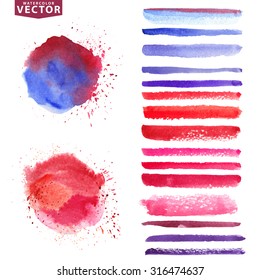 Watercolor splash texture,artistic brushes spot,drops elements. Hand painting vector.Bright design template.Vintage holiday background.Hot and cool colors:Blue,magenta,lilac