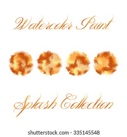 Watercolor splash vector collection in gold, brown, and orange colors. Set of ink stain texture isolated on white background. Paint brush texture in four different combination of the colors of autumn.