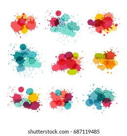 Watercolor Splashes. Colorful Paint Splat. Vector Collection. Bright Colors Splash Grunge Background. Isolated On White Background