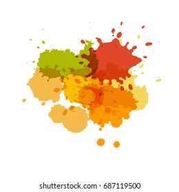 Watercolor splashes. Paint vector splat. Stains grunge texture. Isolated on white background. Orange, yellow and green colors